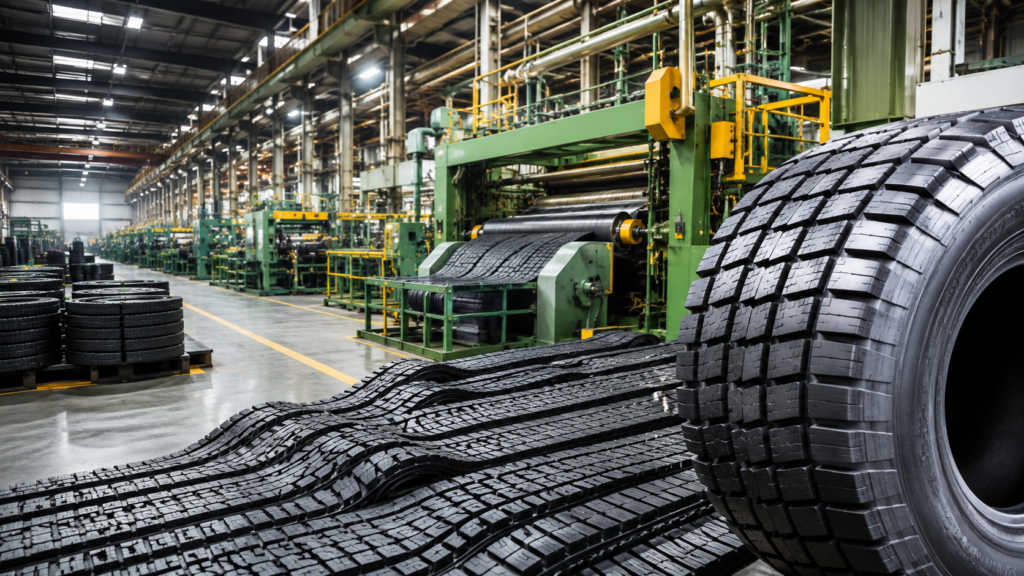 High-resolution industrial tread rubber manufacturing facility with large rubber processing machines, stacked rubber materials, and a heavy-duty tire in the foreground.