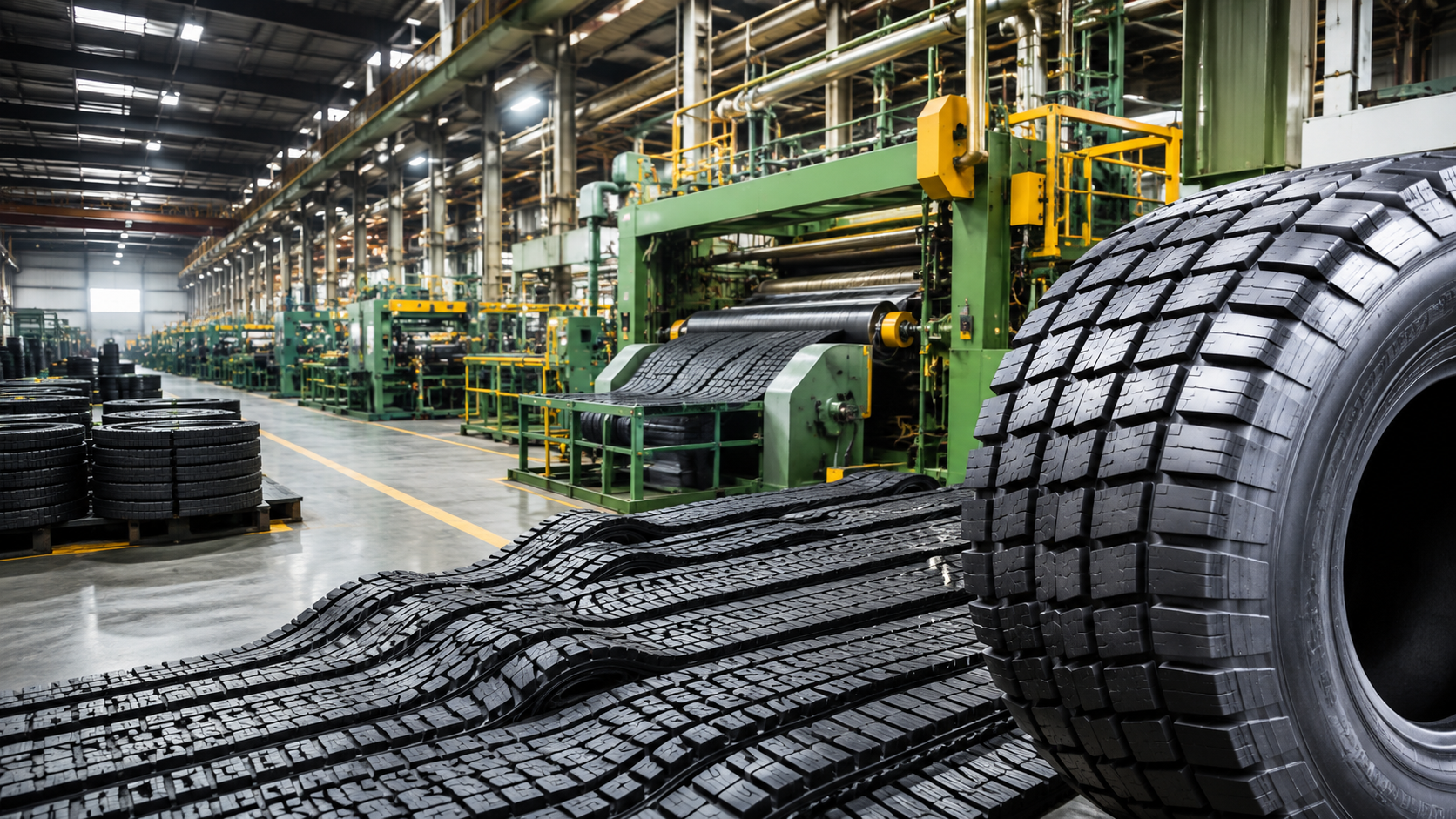High-resolution industrial tread rubber manufacturing facility with large rubber processing machines, stacked rubber materials, and a heavy-duty tire in the foreground.